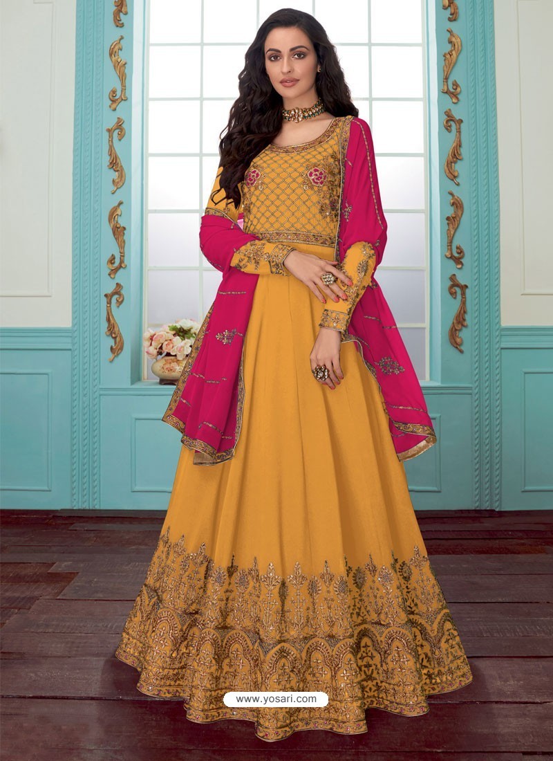Yellow Georgette Embroidered Partywear Suit