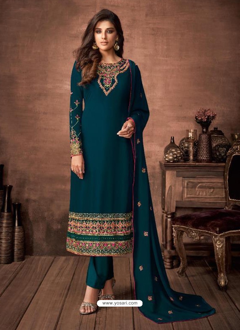 Teal Blue Georgette Party Wear Straight Suit