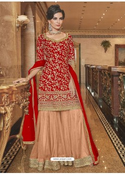 Red And Cream Soft Net Designer Palazzo Suit