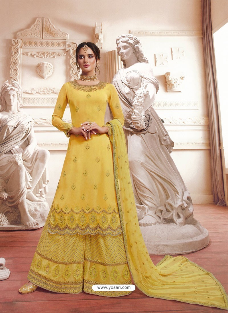 Yellow Georgette Embroidered Designer Suit