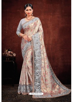 Grey And Taupe Satin Georgette Designer Party Wear Saree
