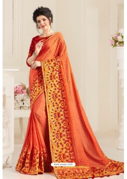 Orange Natural Fabric Party Wear Designer Saree