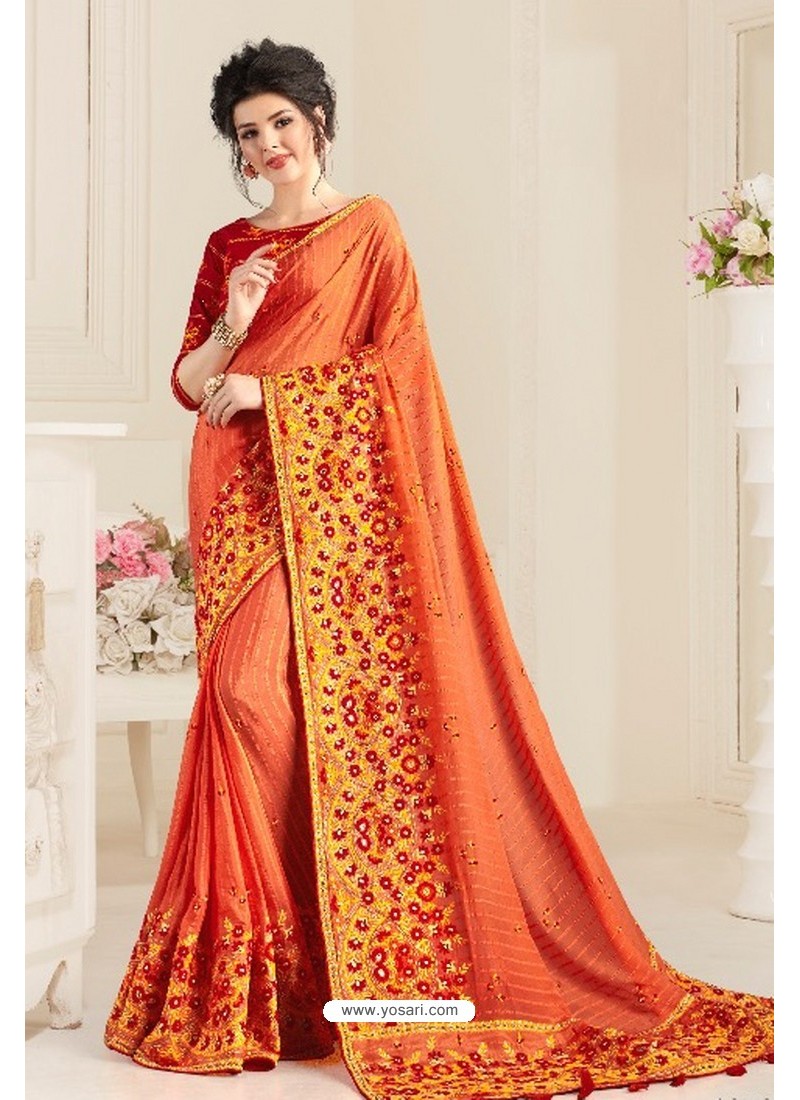 Orange Natural Fabric Party Wear Designer Saree