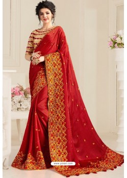 Red Natural Fabric Party Wear Designer Saree