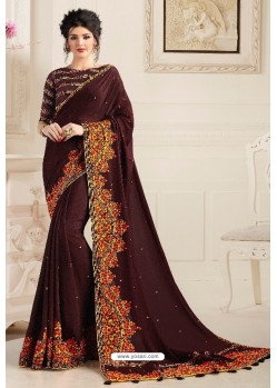Coffee Brown Natural Fabric Party Wear Designer Saree