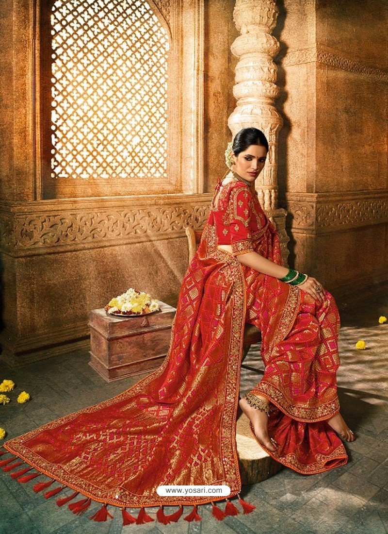 Red Dyed Silk Embroidered Designer Saree