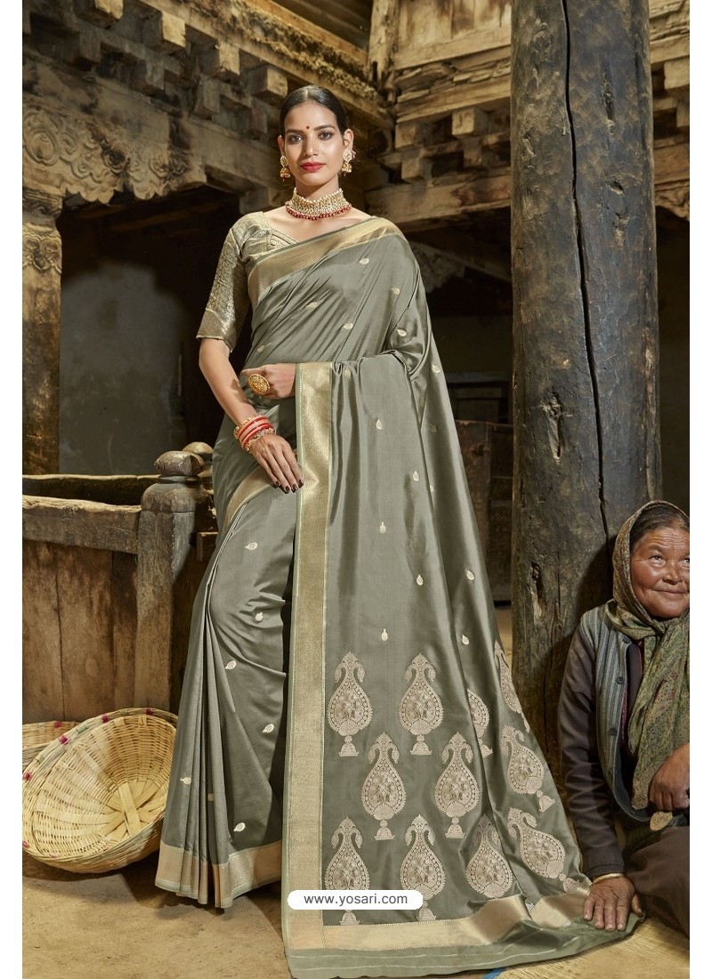 Taupe Designer Banarasi Silk Saree