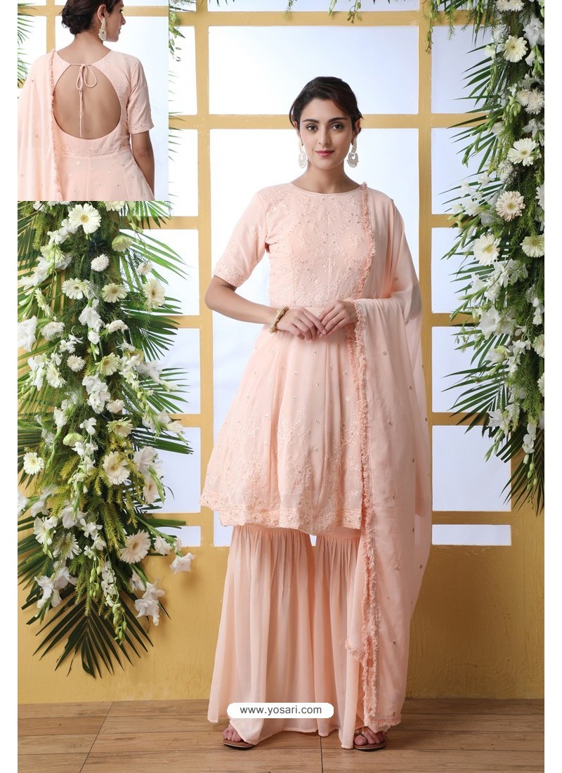 Peach Georgette Thread Embroidered Party Wear Suit