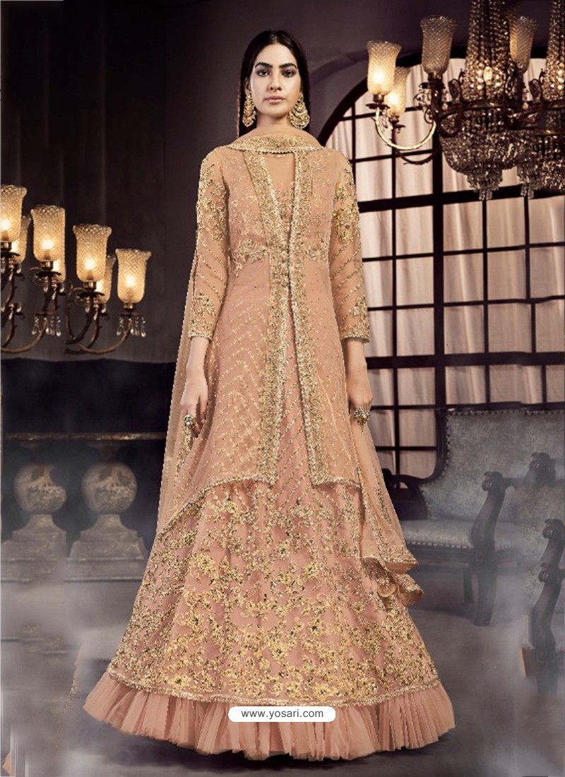 Peach Soft Net Embroidered Anarkali Suit