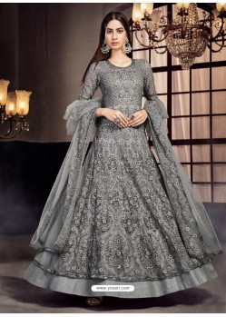 Grey Soft Net Embroidered Anarkali Suit