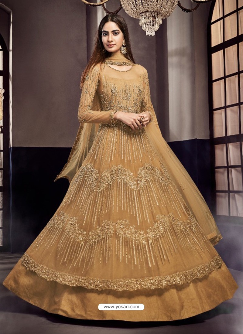 Golden Soft Net Embroidered Anarkali Suit