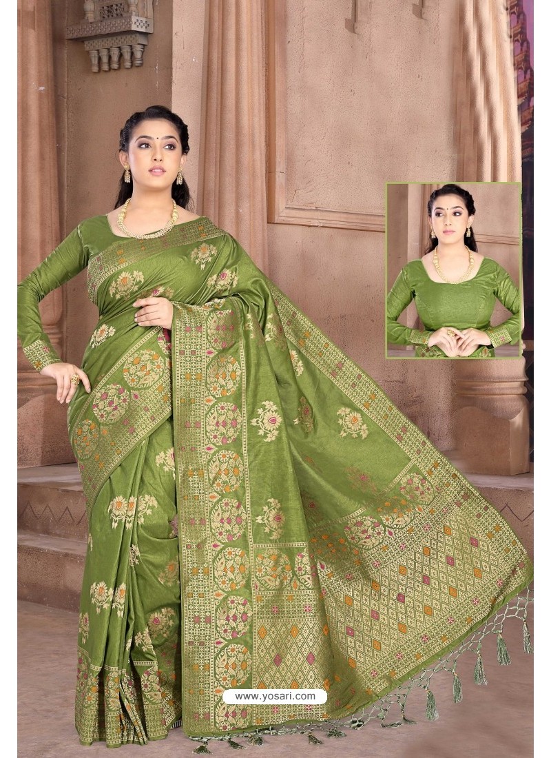 Mehendi Green & Multi Coloured with Zari Weaving & Bandhani Print Wome –  Royskart