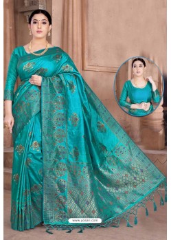 Turquoise Designer Classic Wear Dola Silk Saree