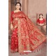 Pretty Red Designer Dola Silk Saree
