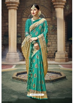 Aqua Mint Designer Wedding Wear Banarasi Silk Saree