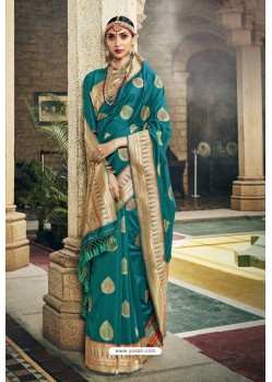 Teal Designer Wedding Wear Banarasi Silk Saree