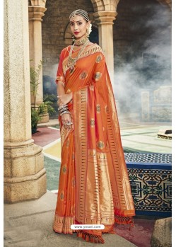 Latest Orange Designer Banarasi Silk Saree