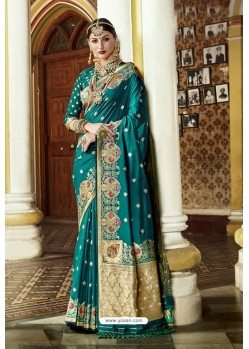 Teal Wedding Wear Banarasi Silk Saree