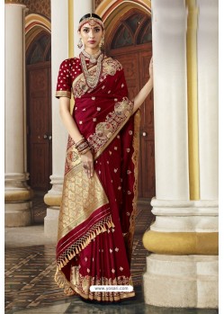 Maroon Designer Wedding Wear Banarasi Silk Saree