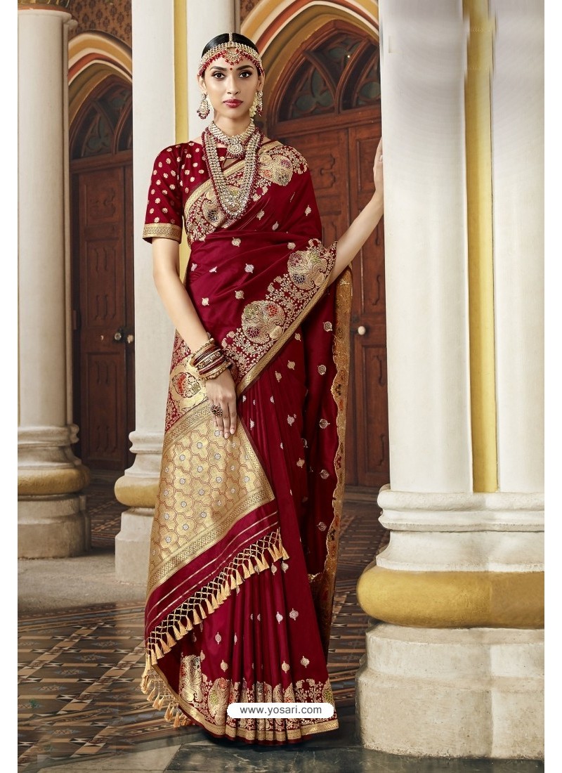 Maroon Color Royal Banarasi Saree For Wedding – Joshindia