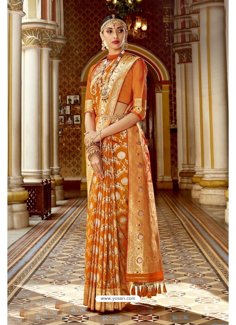 Women's Woven Zari Soft Silk Orange Saree|SARV140481