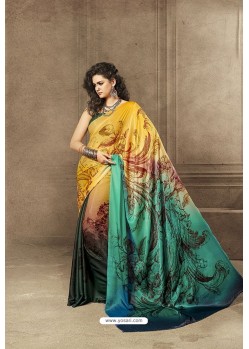 Yellow and Multi Colour Designer Digital Printed Saree