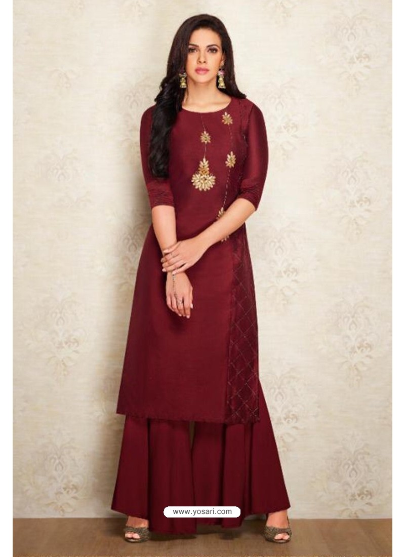 Buy Maroon Silk Hand Worked Party Wear Kurti | Party Wear Kurtis