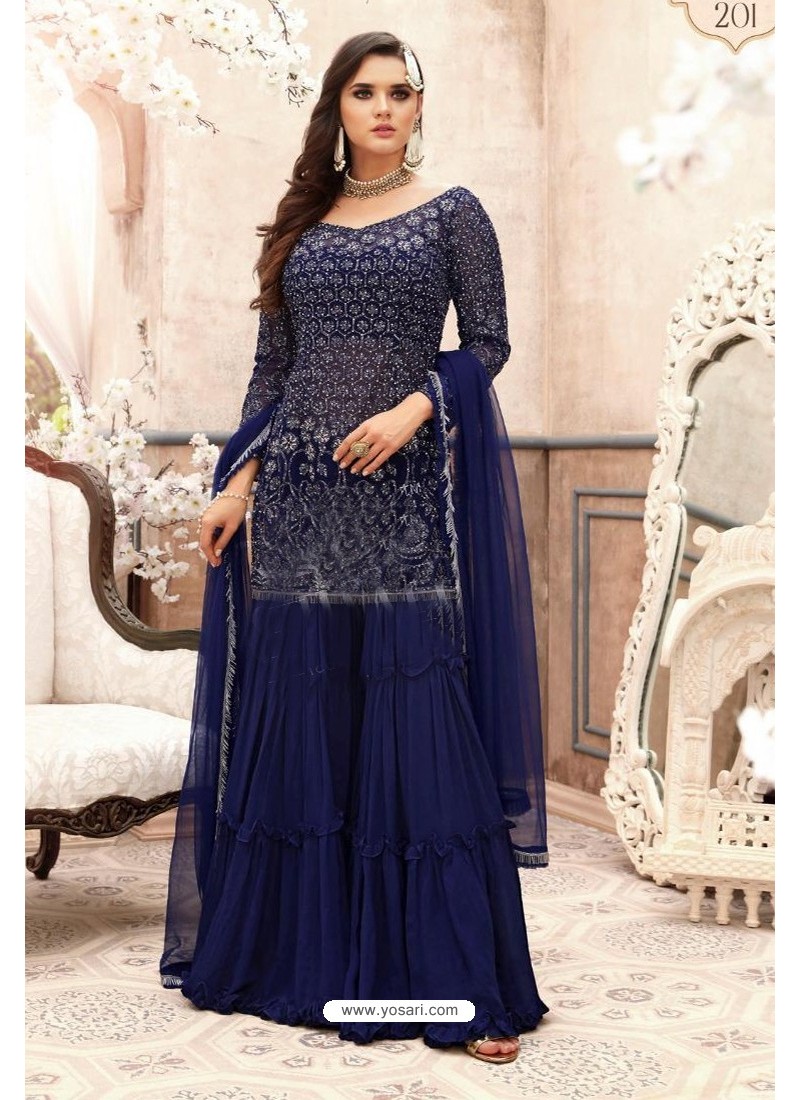 Buy Royal Blue Embroidered Kurta With Olive Green Sharara And Dupatta  Online - Shop for W