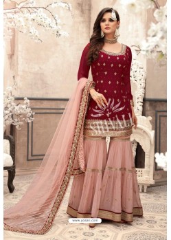 Maroon And Pink Georgette Embroidered Designer Sharara Suit