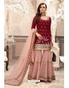 Maroon And Pink Georgette Embroidered Designer Sharara Suit