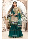 Beige And Green Georgette Embroidered Designer Sharara Suit