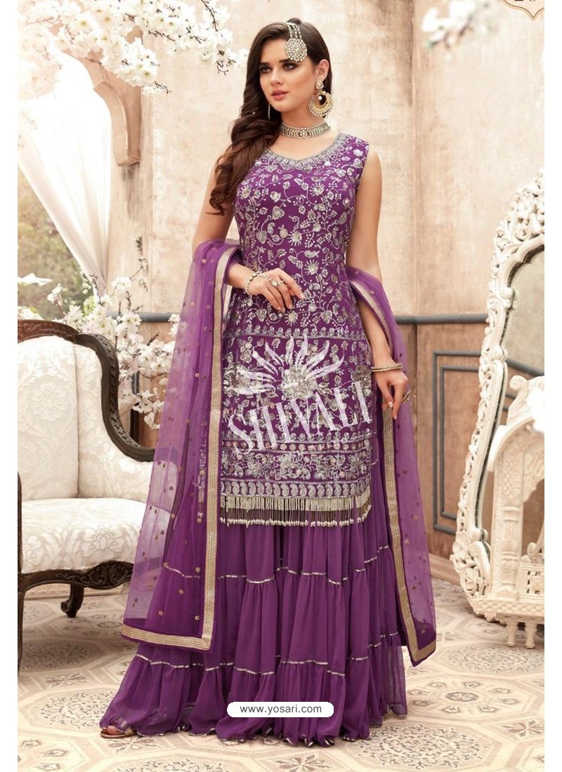 Buy Lavender Georgette Embroidered Designer Sharara Suit Palazzo Salwar Suits 