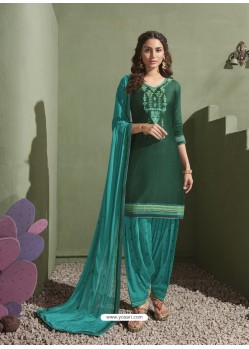 Buy Dark Green and Turquoise Pure Satin Patiala Salwar Suit | Punjabi ...