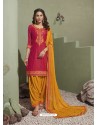 Rani and Yellow Pure Satin Patiala Salwar Suit