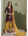 Purple and Yellow Pure Satin Patiala Salwar Suit