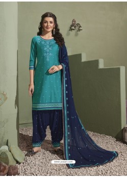 Turquoise and Navy Pure Satin Patiala Salwar Suit