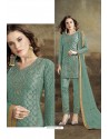 Turquoise Butterfly Net Party Wear Straight Suit