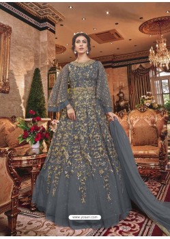 Grey Embroidered Soft Net Party Wear Anarkali Suit