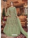 Mehendi Green Embroidered Soft Net Party Wear Anarkali Suit