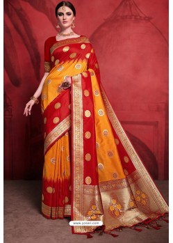 Yellow And Red Rich Banarasi Silk Designer Saree