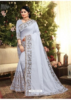 Aqua Grey Designer Satin Georgette Saree