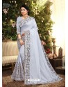 Aqua Grey Designer Satin Georgette Saree