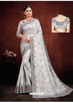 Grey Designer Satin Georgette Digital Printed Saree