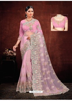 Light Pink Designer Net Resham Embroidered Saree