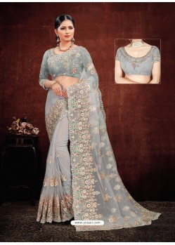 Grey Designer Net Resham Embroidered Saree