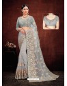 Grey Designer Net Resham Embroidered Saree