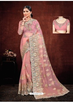Peach Designer Net Resham Embroidered Saree