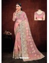 Peach Designer Net Resham Embroidered Saree