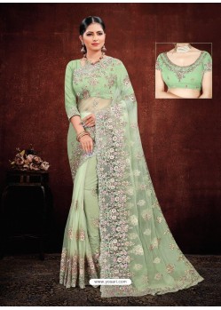 Green Designer Net Resham Embroidered Saree
