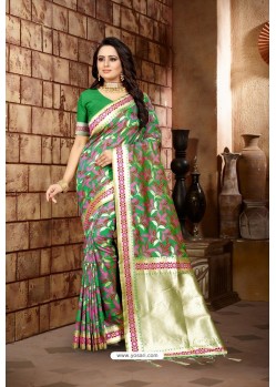 Forest Green Party Wear Banarasi Silk Saree